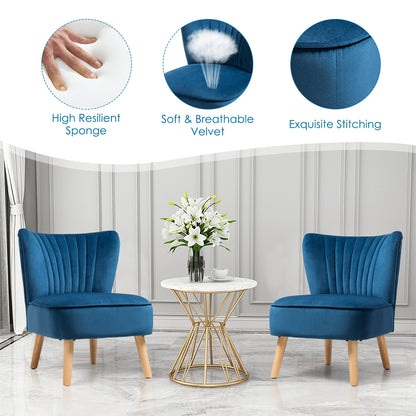Velvet Armless Accent Chair with Natural Wood Legs - Blue