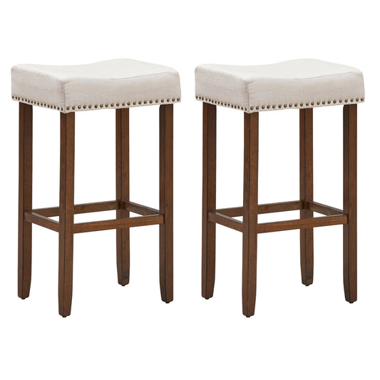 Set of 2 Upholstered 29 Inch Saddle Bar Stools with Nailhead Trim and Solid Wood Legs – Beige