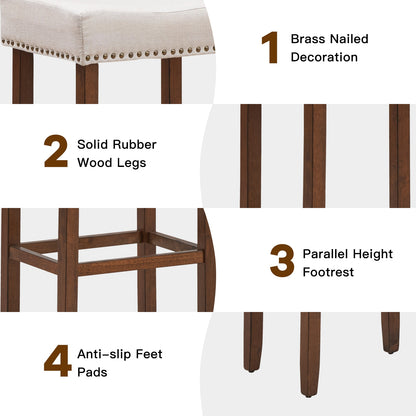 Set of 2 Upholstered 29 Inch Saddle Bar Stools with Nailhead Trim and Solid Wood Legs – Beige