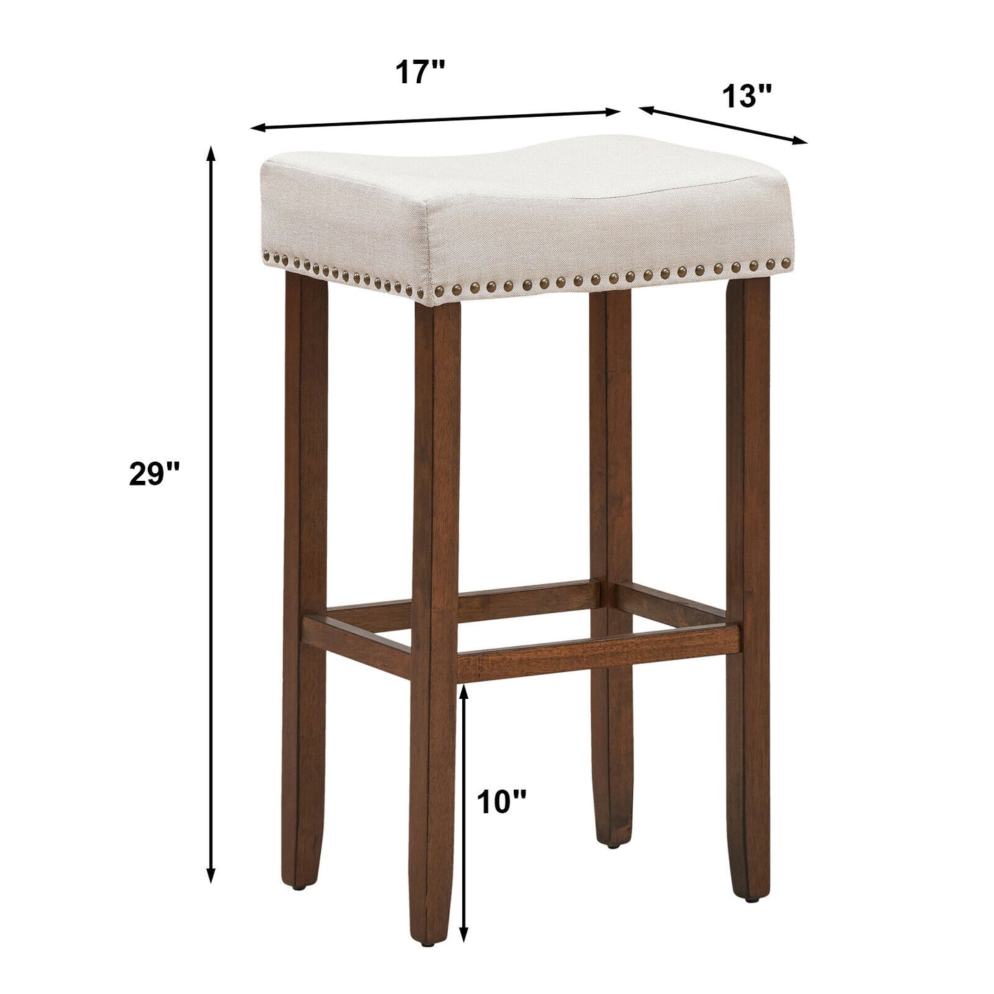 Set of 2 Upholstered 29 Inch Saddle Bar Stools with Nailhead Trim and Solid Wood Legs – Beige