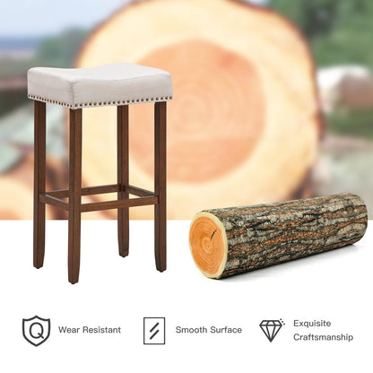 Set of 2 Upholstered 29 Inch Saddle Bar Stools with Nailhead Trim and Solid Wood Legs – Beige