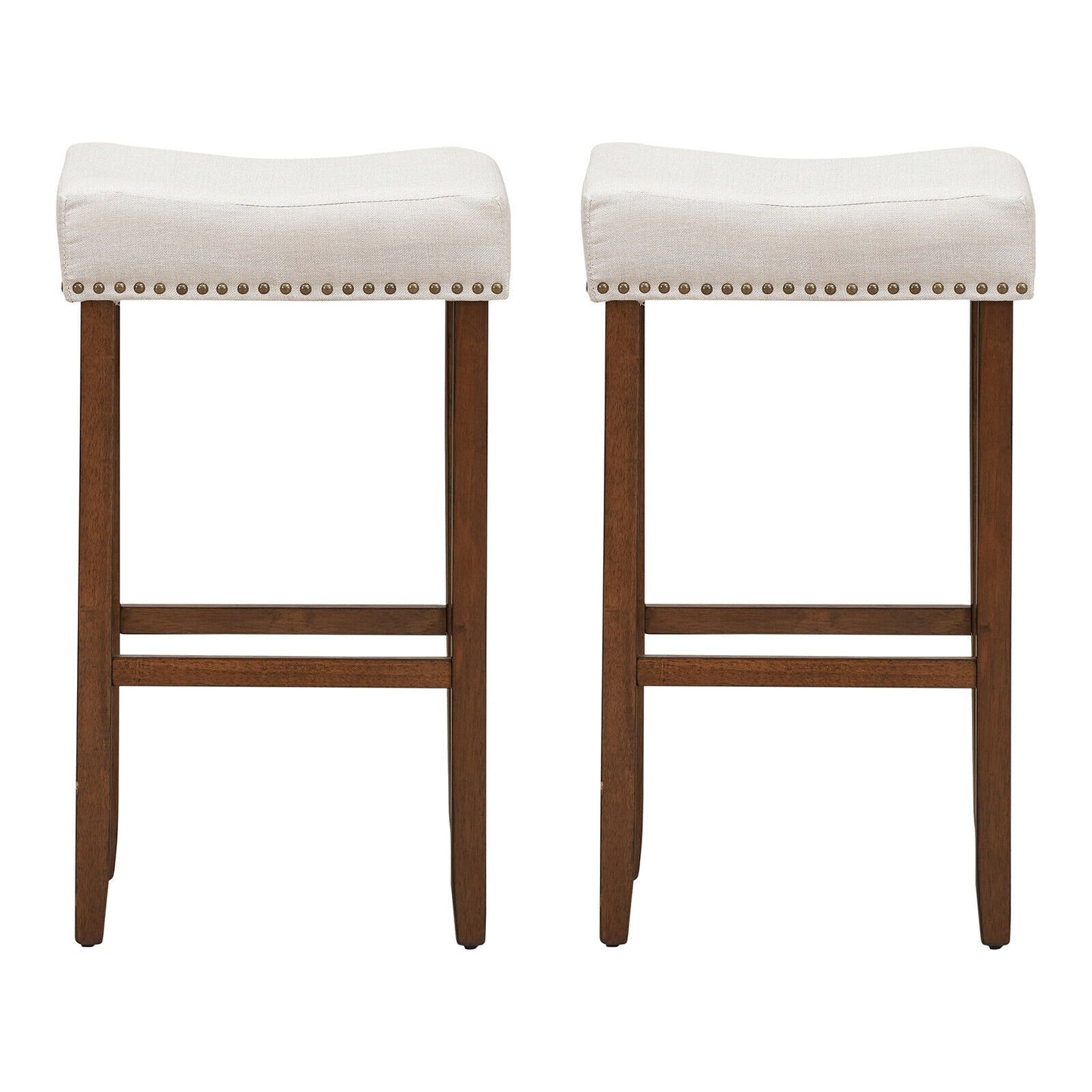 Set of 2 Upholstered 29 Inch Saddle Bar Stools with Nailhead Trim and Solid Wood Legs – Beige