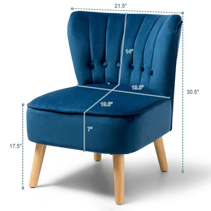 Tufted Velvet Armless Accent Chair with Ergonomic Backrest and Wood Legs - Blue