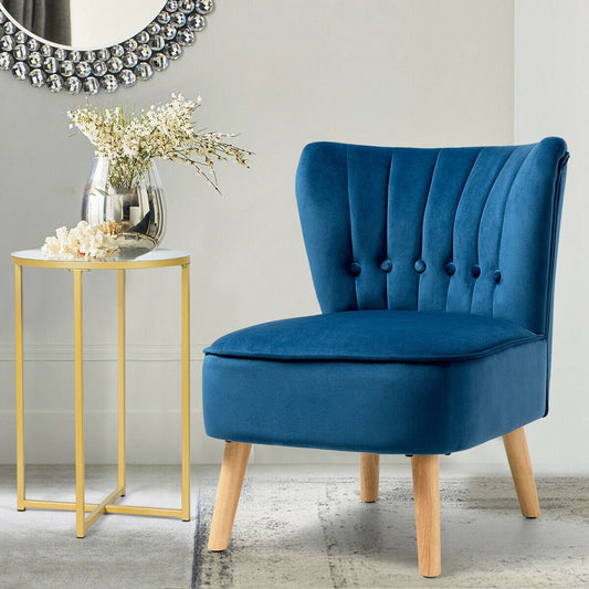 Tufted Velvet Armless Accent Chair with Ergonomic Backrest and Wood Legs - Blue