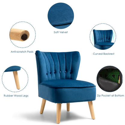Tufted Velvet Armless Accent Chair with Ergonomic Backrest and Wood Legs - Blue