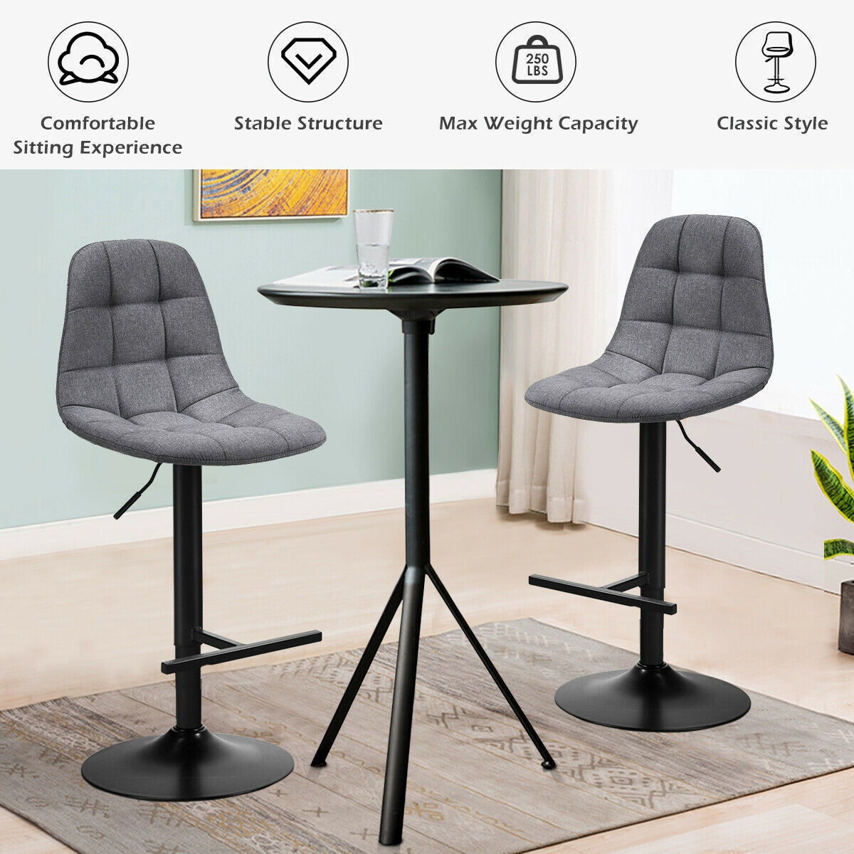 Set of 2 Adjustable Swivel Counter Height Bar Stools with Linen Upholstered Seats in Grey