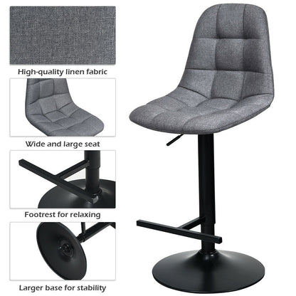 Set of 2 Adjustable Swivel Counter Height Bar Stools with Linen Upholstered Seats in Grey