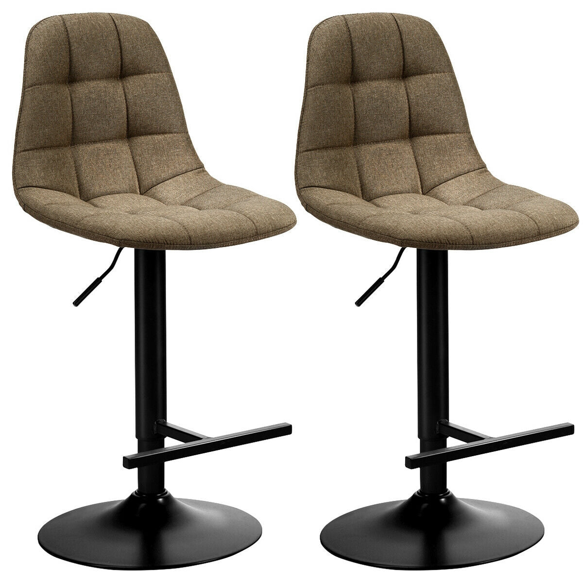 Set of 2 Adjustable Swivel Counter Height Bar Stools with Linen Upholstered Seats in Brown