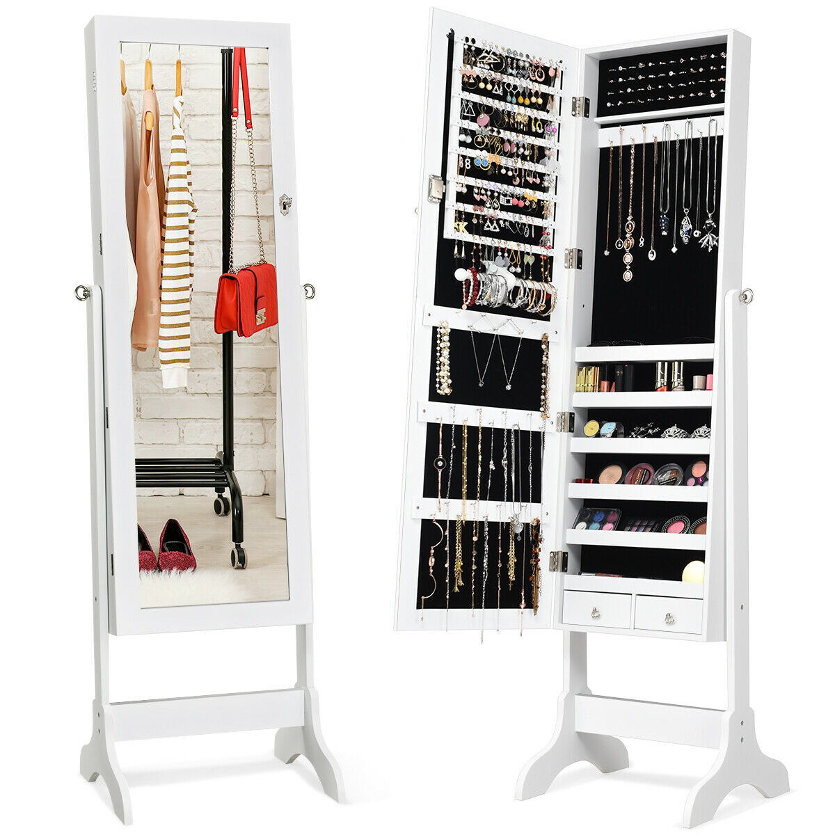 Freestanding Lockable Jewelry Armoire with Full Length Mirror and Ample Storage – White