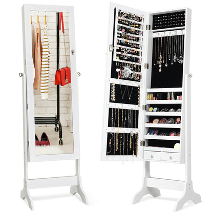 Freestanding Lockable Jewelry Armoire with Full Length Mirror and Ample Storage – White