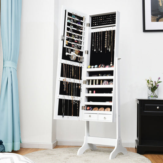 Freestanding Lockable Jewelry Armoire with Full Length Mirror and Ample Storage – White