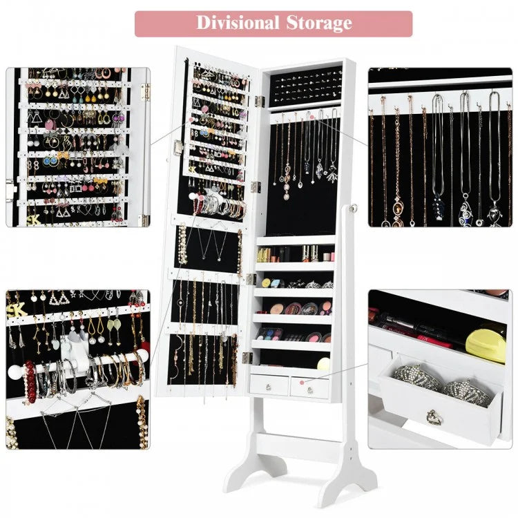 Freestanding Lockable Jewelry Armoire with Full Length Mirror and Ample Storage – White