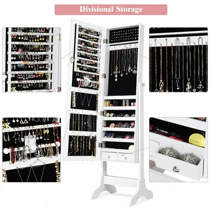 Freestanding Lockable Jewelry Armoire with Full Length Mirror and Ample Storage – White