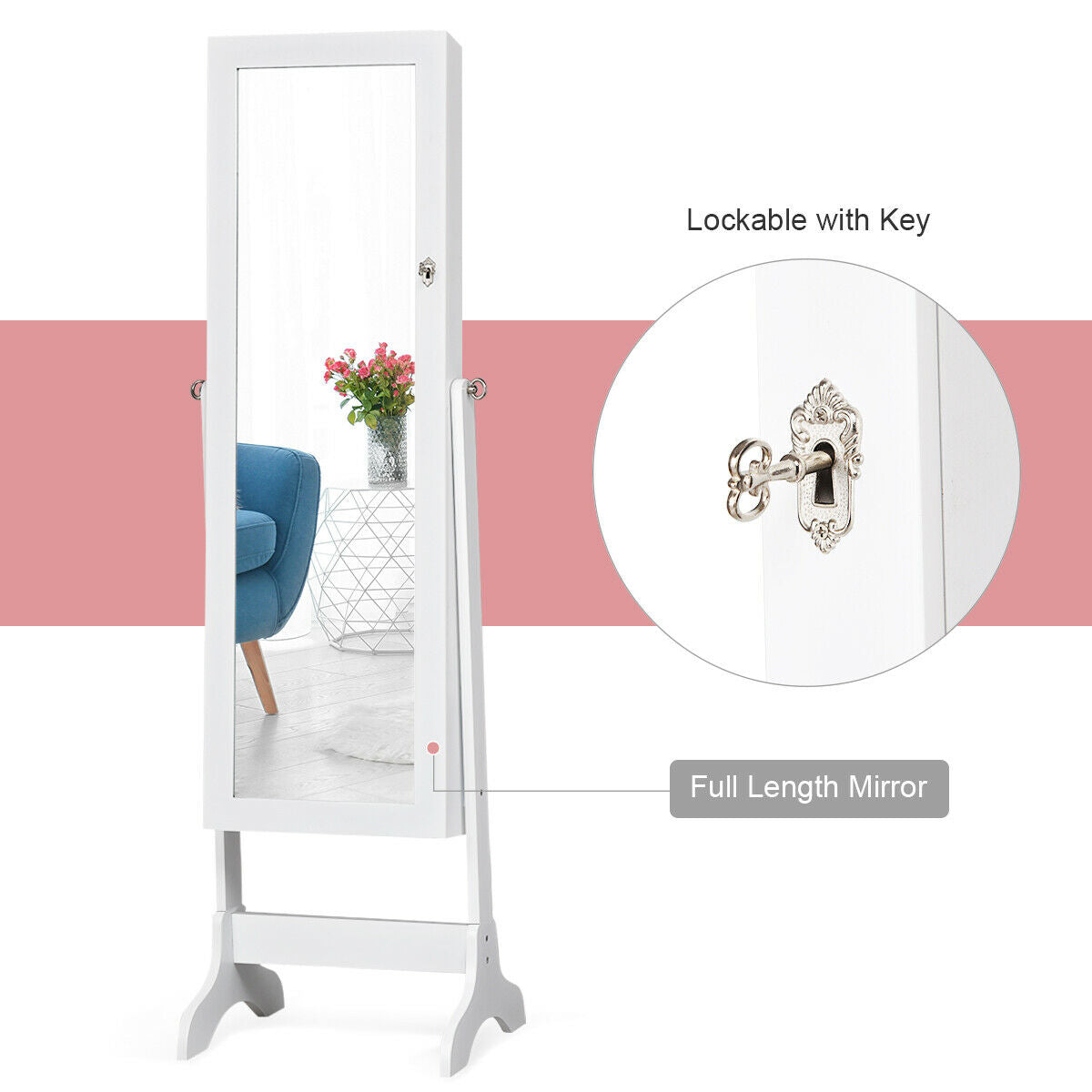 Freestanding Lockable Jewelry Armoire with Full Length Mirror and Ample Storage – White