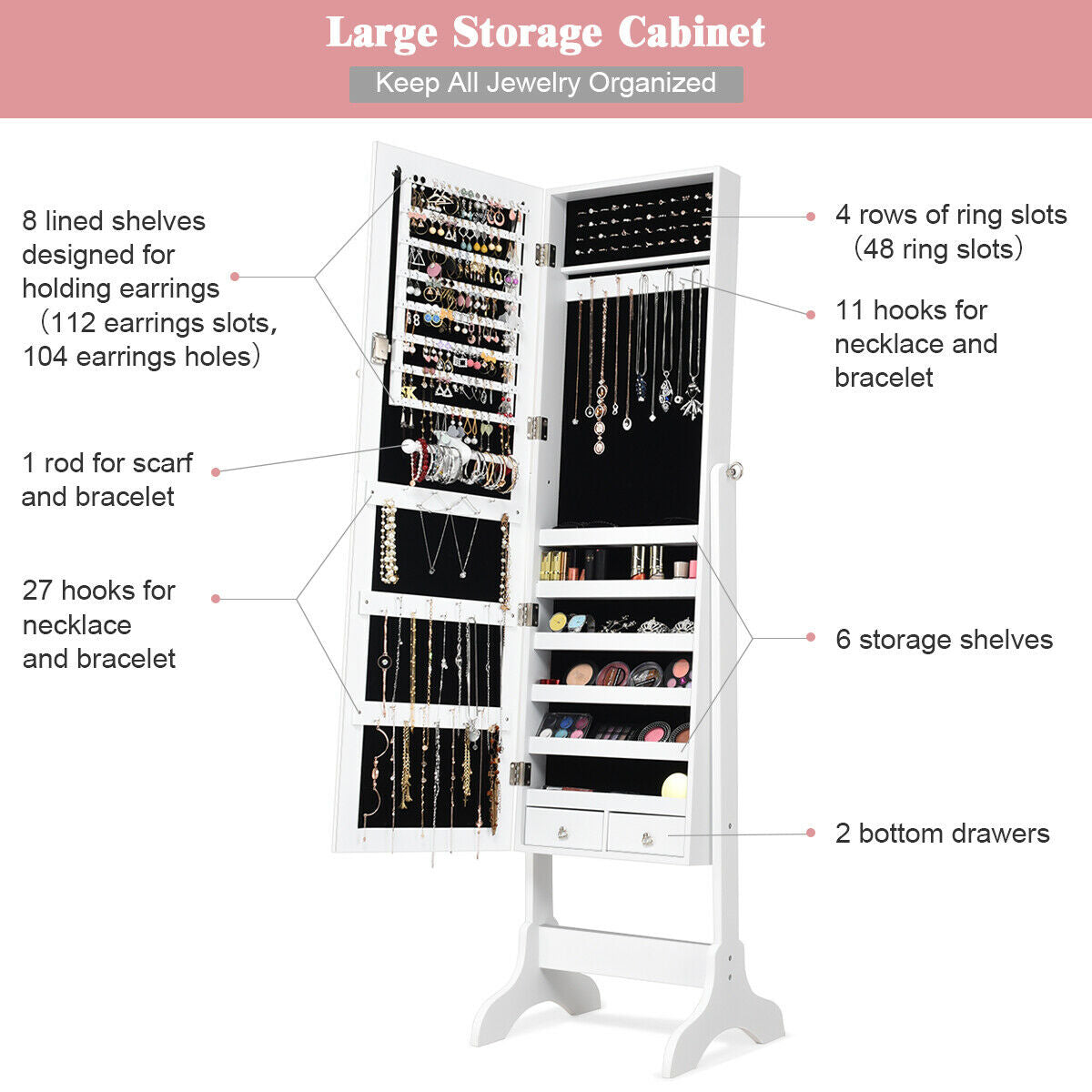 Freestanding Lockable Jewelry Armoire with Full Length Mirror and Ample Storage – White