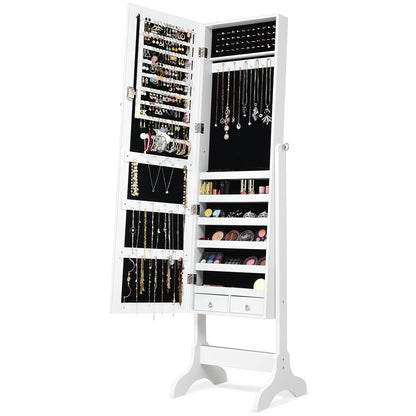 Freestanding Lockable Jewelry Armoire with Full Length Mirror and Ample Storage – White