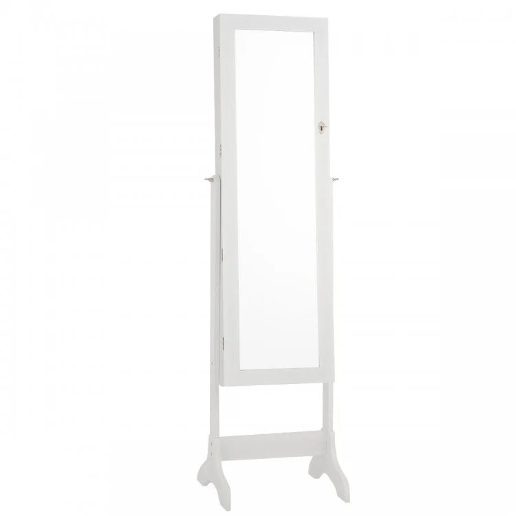 Freestanding Lockable Jewelry Armoire with Full Length Mirror and Ample Storage – White