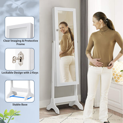 Freestanding Lockable Jewelry Armoire with Full Length Mirror and Ample Storage – White