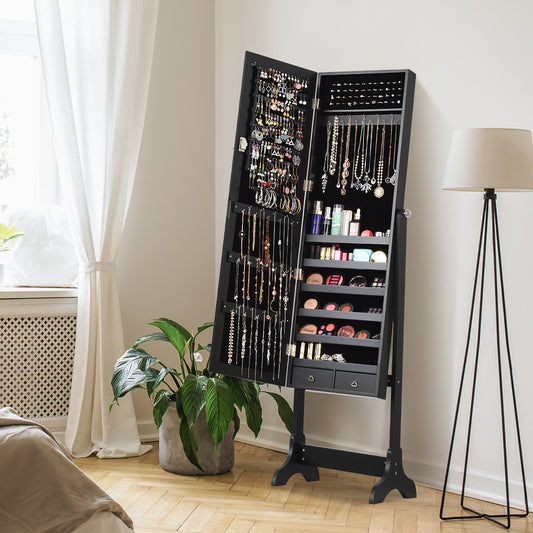 Freestanding Lockable Jewelry Armoire with Full Length Mirror and Ample Storage – Black