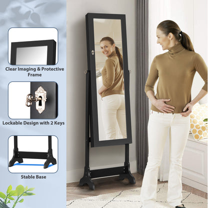 Freestanding Lockable Jewelry Armoire with Full Length Mirror and Ample Storage – Black
