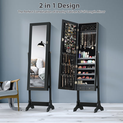 Freestanding Lockable Jewelry Armoire with Full Length Mirror and Ample Storage – Black