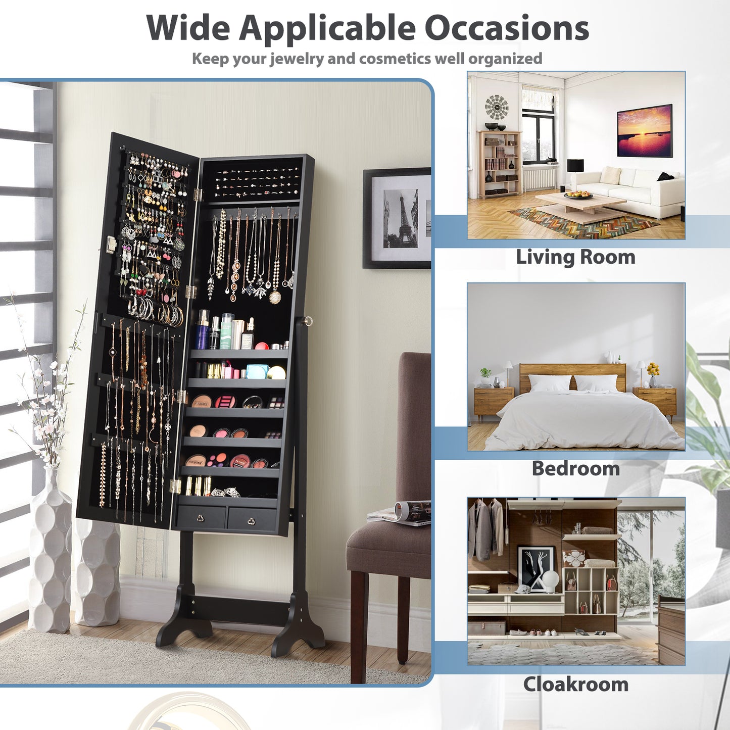 Freestanding Lockable Jewelry Armoire with Full Length Mirror and Ample Storage – Black
