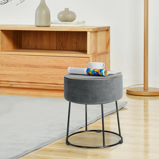 Round Velvet Ottoman Footrest with Non Slip Base and Metal Frame - Grey