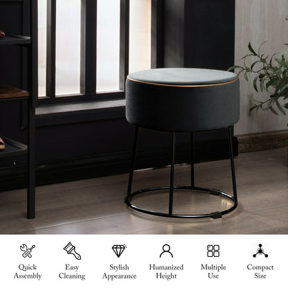 Round Velvet Ottoman Footrest with Non Slip Base and Metal Frame - Grey