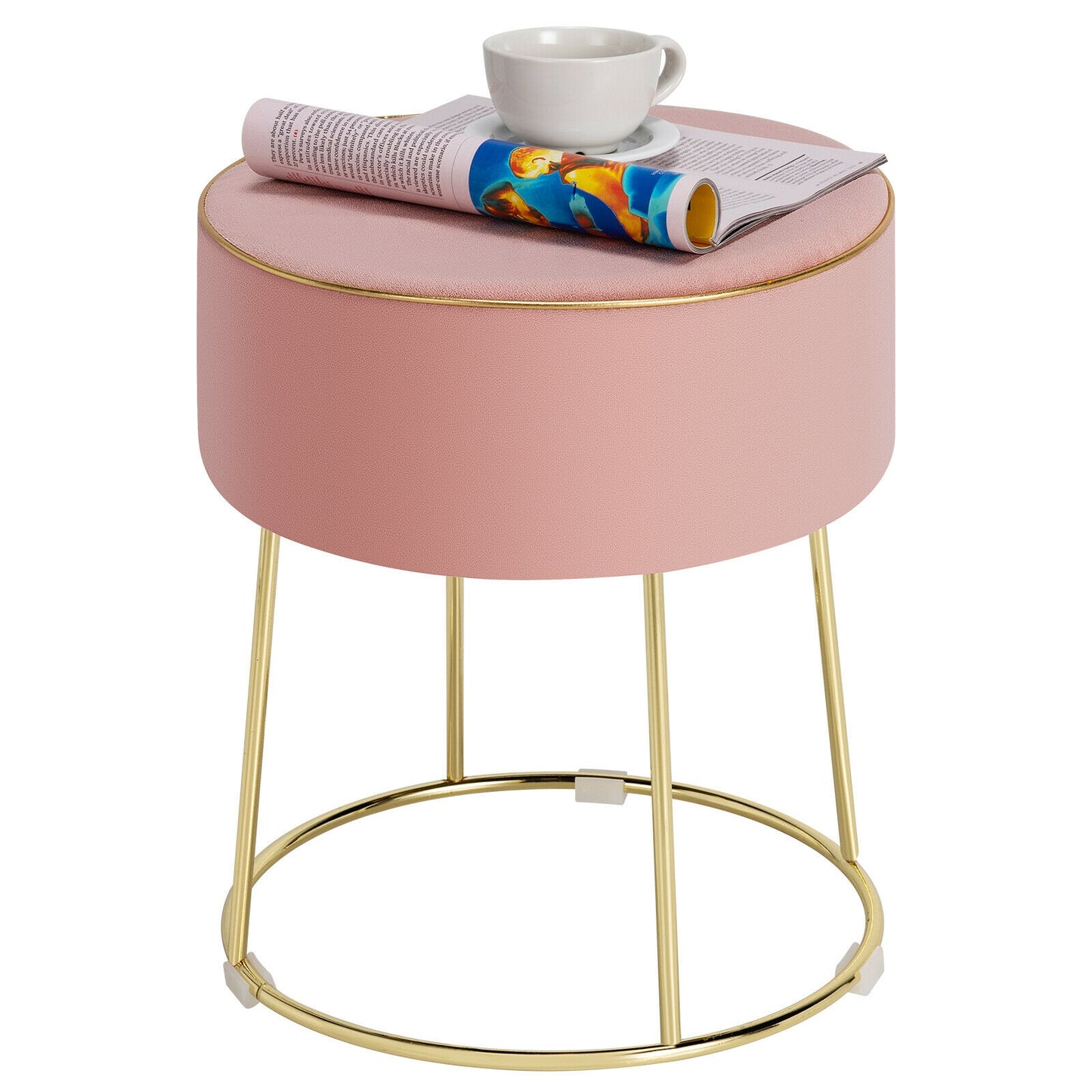 Round Velvet Ottoman Footrest with Non Slip Base and Metal Frame - Pink