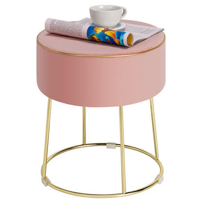 Round Velvet Ottoman Footrest with Non Slip Base and Metal Frame - Pink