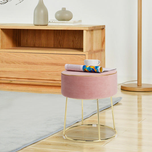 Round Velvet Ottoman Footrest with Non Slip Base and Metal Frame - Pink