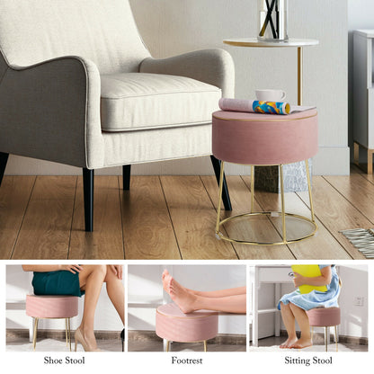 Round Velvet Ottoman Footrest with Non Slip Base and Metal Frame - Pink