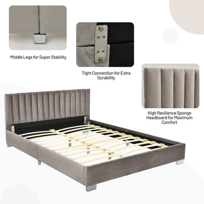 Modern Full Platform Bed Frame with Tufted Velvet Headboard - Light Grey