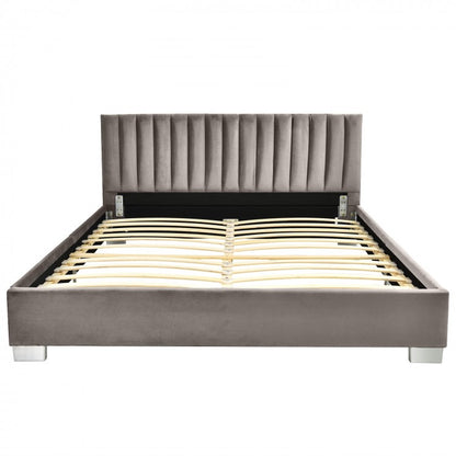Modern Full Platform Bed Frame with Tufted Velvet Headboard - Light Grey