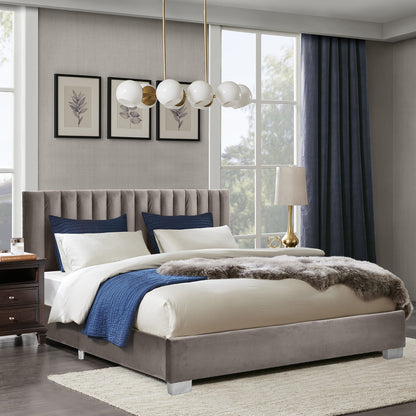 Modern Full Platform Bed Frame with Tufted Velvet Headboard - Light Grey