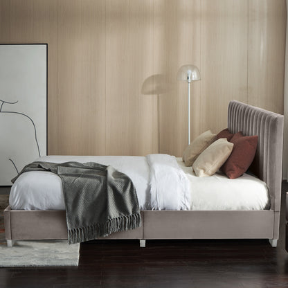 Modern Full Platform Bed Frame with Tufted Velvet Headboard - Light Grey
