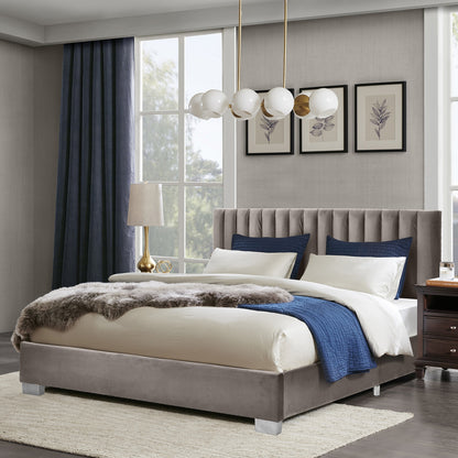 Modern Full Platform Bed Frame with Tufted Velvet Headboard - Light Grey
