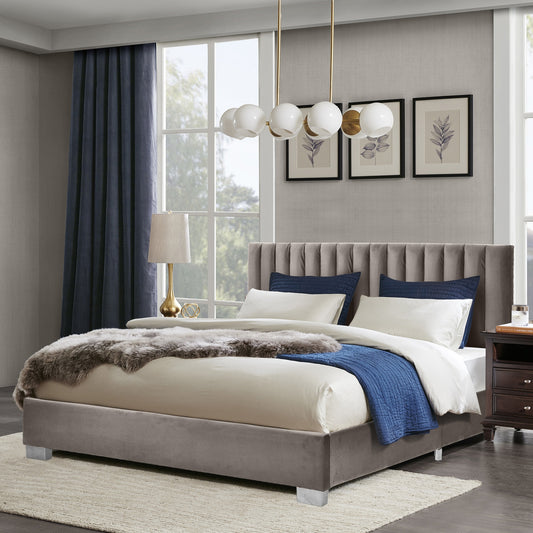 Modern Full Platform Bed Frame with Tufted Velvet Headboard - Light Grey