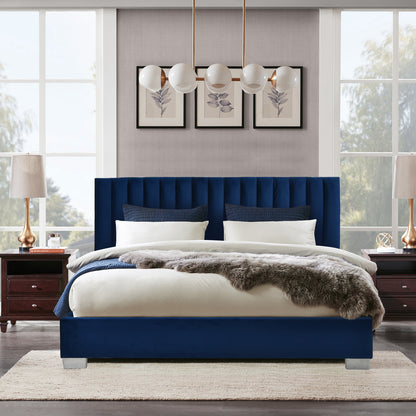 Modern Full Platform Bed Frame with Tufted Velvet Headboard - Navy