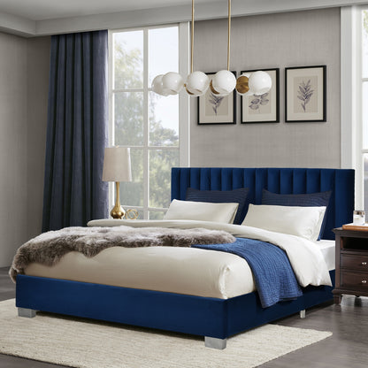 Modern Full Platform Bed Frame with Tufted Velvet Headboard - Navy