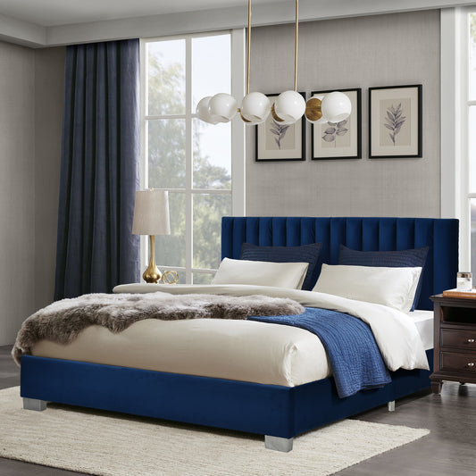 Modern Full Platform Bed Frame with Tufted Velvet Headboard - Navy