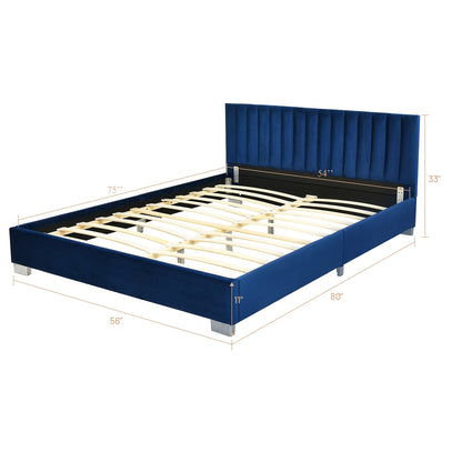 Modern Full Platform Bed Frame with Tufted Velvet Headboard - Navy