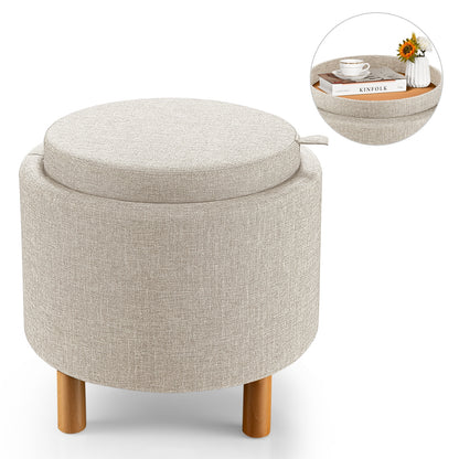 Multifunctional Round Ottoman with Storage and Tray Table Top - Beige