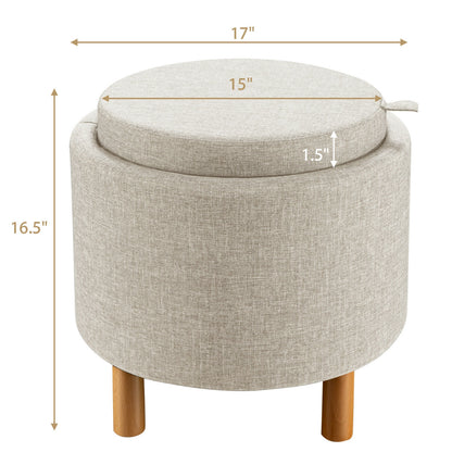 Multifunctional Round Ottoman with Storage and Tray Table Top - Beige