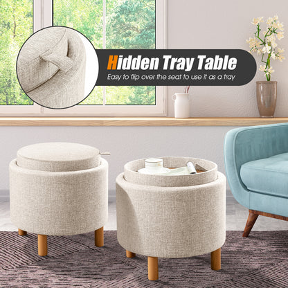 Multifunctional Round Ottoman with Storage and Tray Table Top - Beige