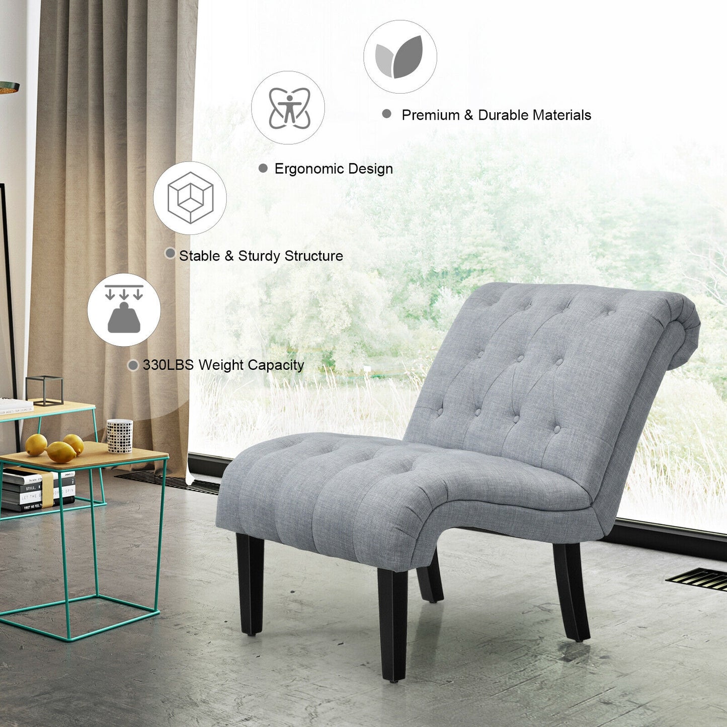 Accent Chair with Ergonomic Backrest Cotton Linen Fabric and Floor Protectors - Light Grey