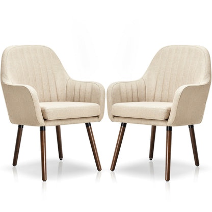 Set of 2 Linen Upholstered Armchairs with Natural Wood Legs and Padded Seat in Beige