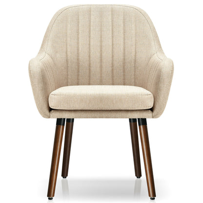 Set of 2 Linen Upholstered Armchairs with Natural Wood Legs and Padded Seat in Beige