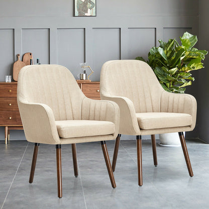 Set of 2 Linen Upholstered Armchairs with Natural Wood Legs and Padded Seat in Beige