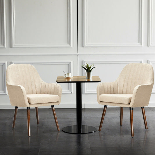 Set of 2 Linen Upholstered Armchairs with Natural Wood Legs and Padded Seat in Beige